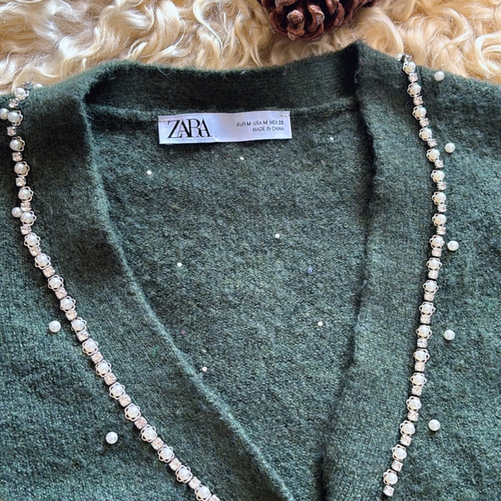 Zara Dark Green Cardigan with Pearl Details - Picture 2 of 6
